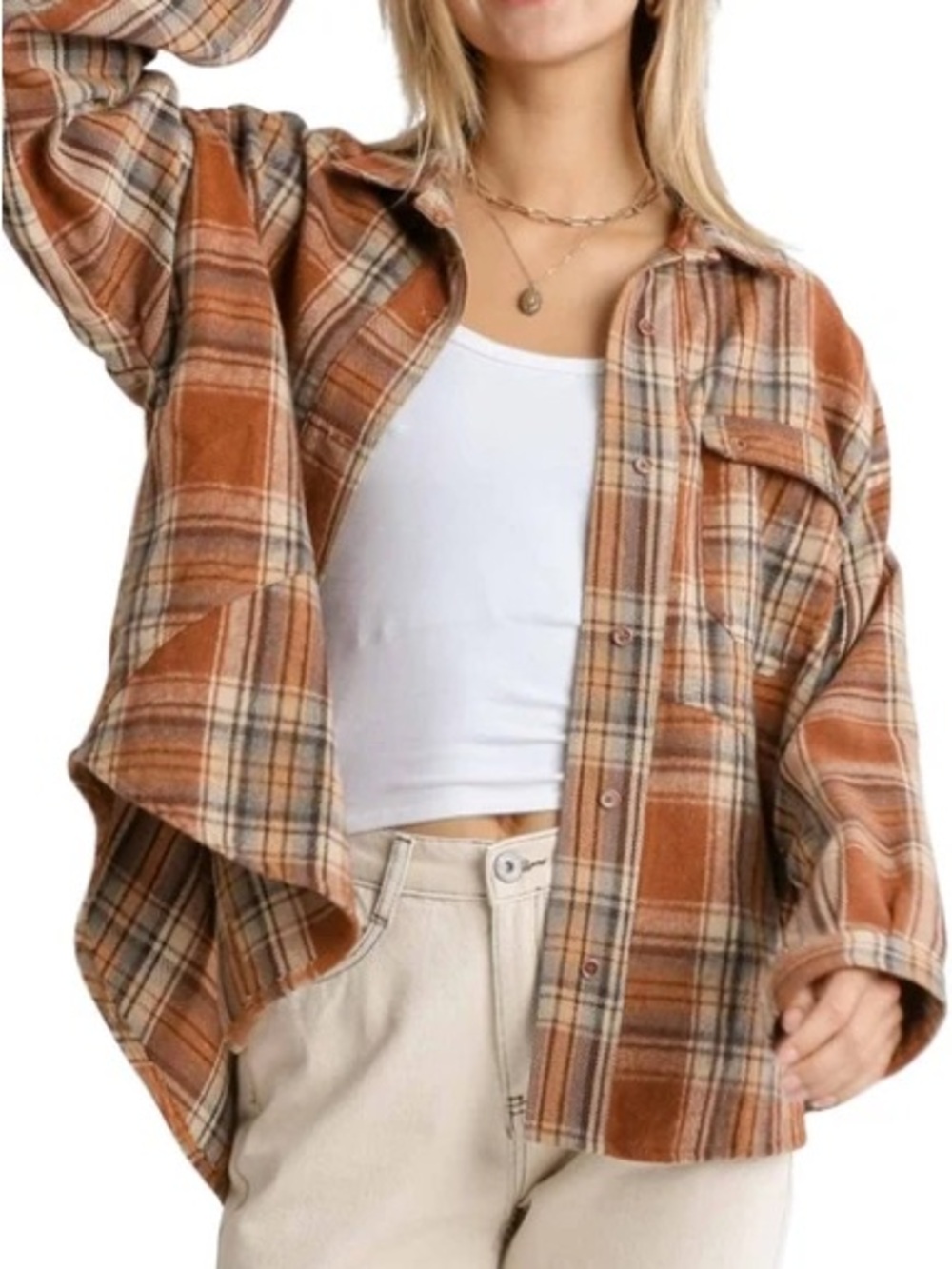 Umgee Bridgette Rust Plaid Oversized Flannel Button-Down Shirt Jacket M